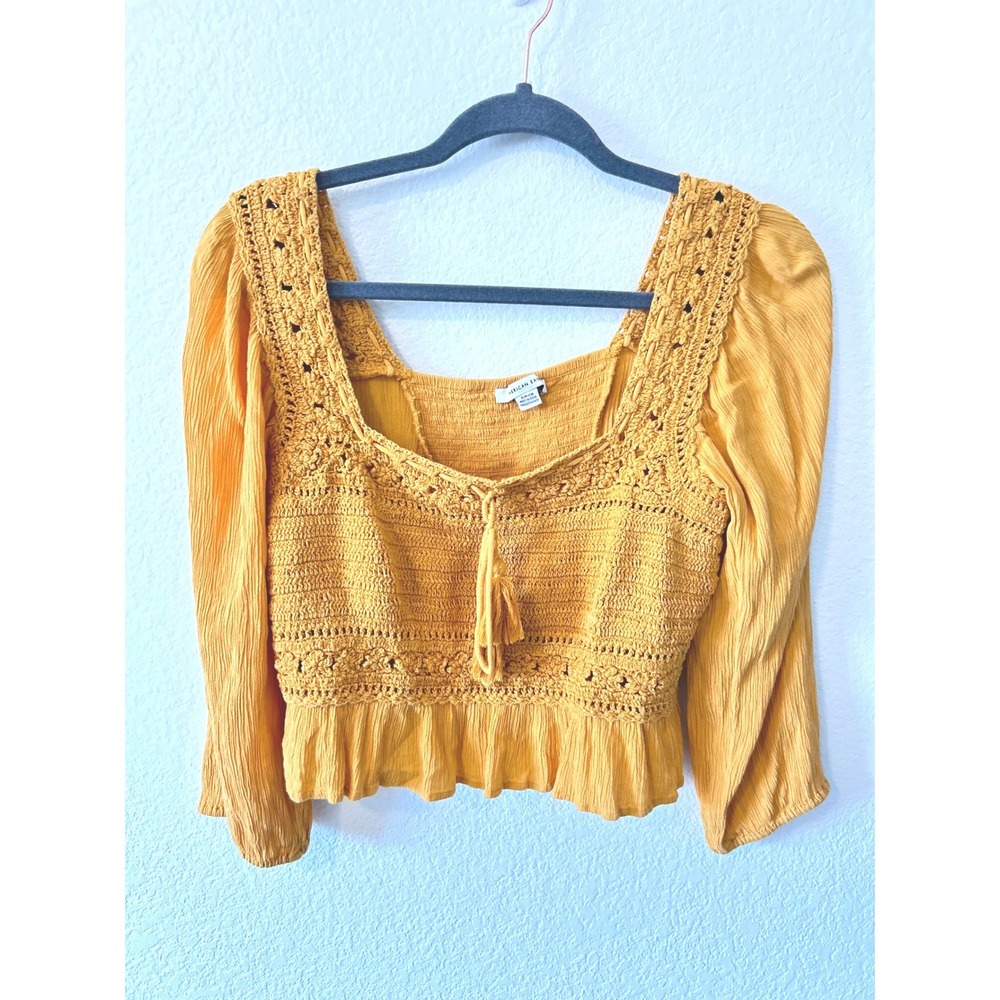 Boho Crochet Lace Puff Sleeve Peplum Crop Top American Eagle Yellow SZ S